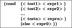 \fbox{\bf
\begin{tabular}{ll}
(cond & ($<$ test1$>$\space $<$ expr1$>$ )\\
& (...
...& ($<$ testn$>$\space $<$ exprn$>$ )\\
& (else $<$ expr0$>$ ))
\end{tabular} }